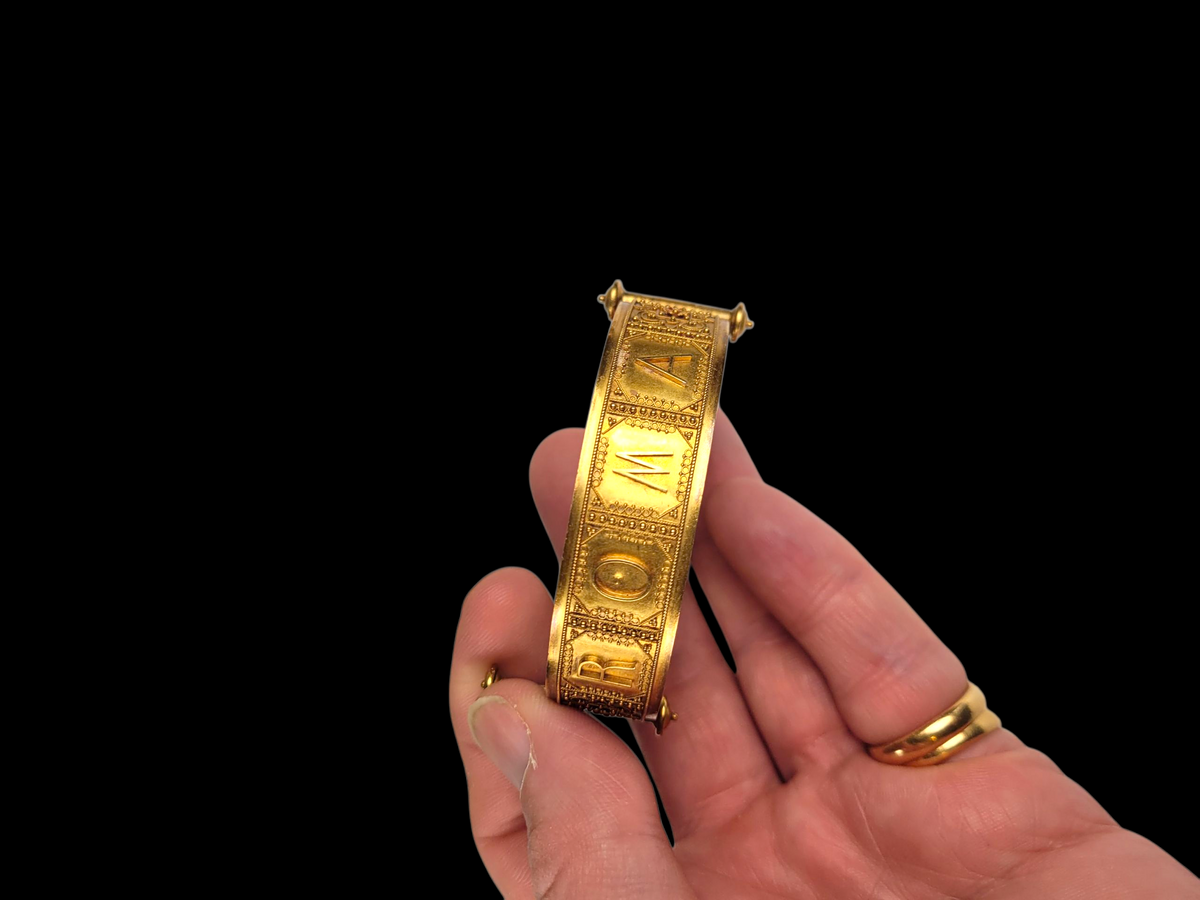 Fine Archaeological revival 18ct buttery yellow gold ROMA bangle
SKU: 8337
