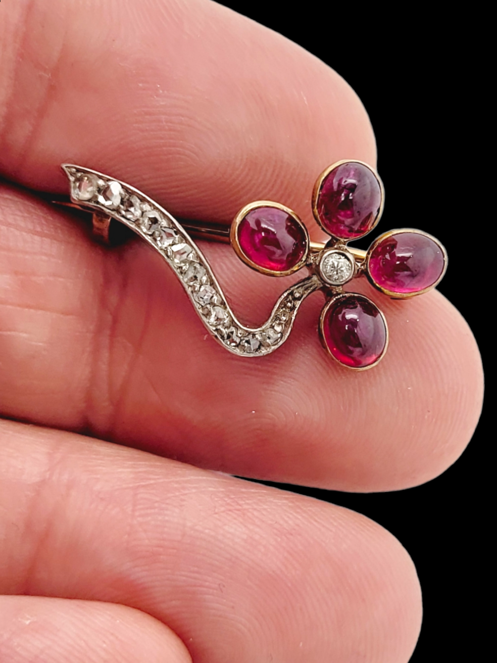 Antique cabochon ruby and diamond flower brooch