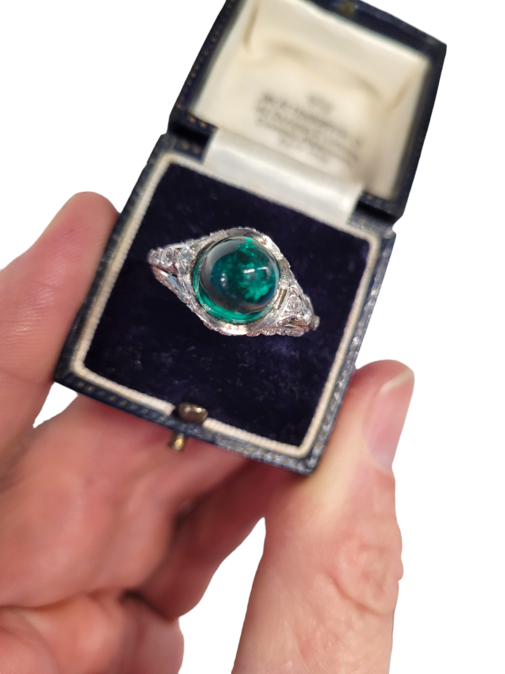 Belle epoque cabochon Colombian emerald and diamond ring