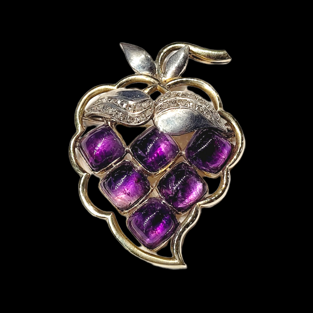 Stylised Square cabochon amethyst grapes with diamond set leaves sku 5847