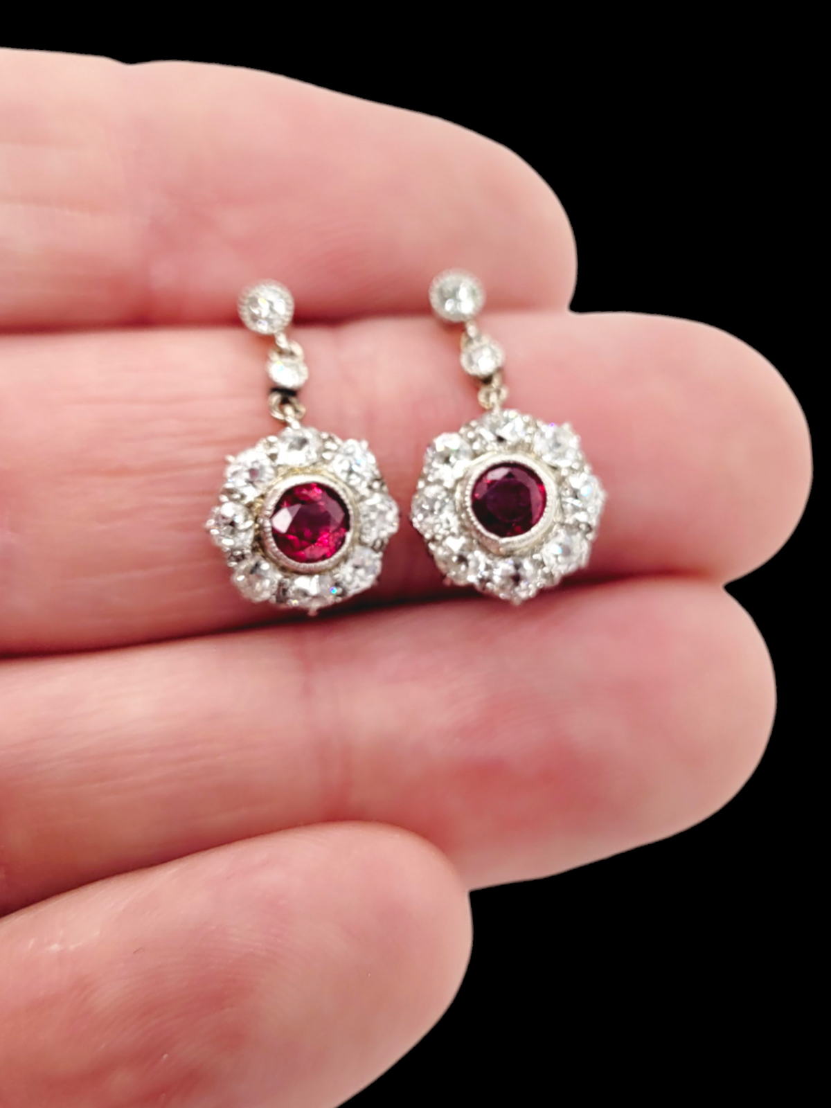 Pair of antique ruby and old mine cut diamond cluster drop earrings
SKU: 7559