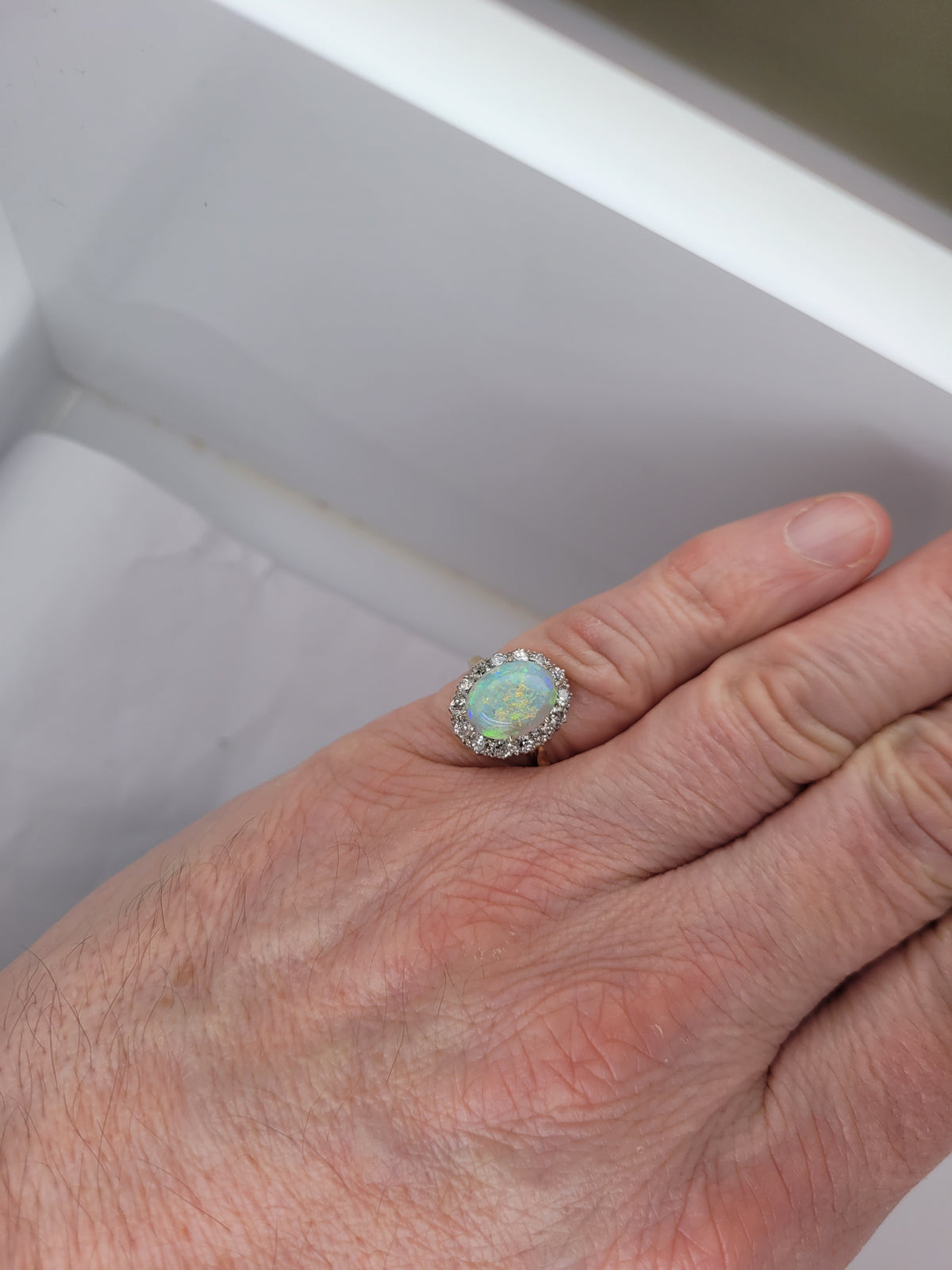 Opal and old cut diamond cluster ring sku 8744