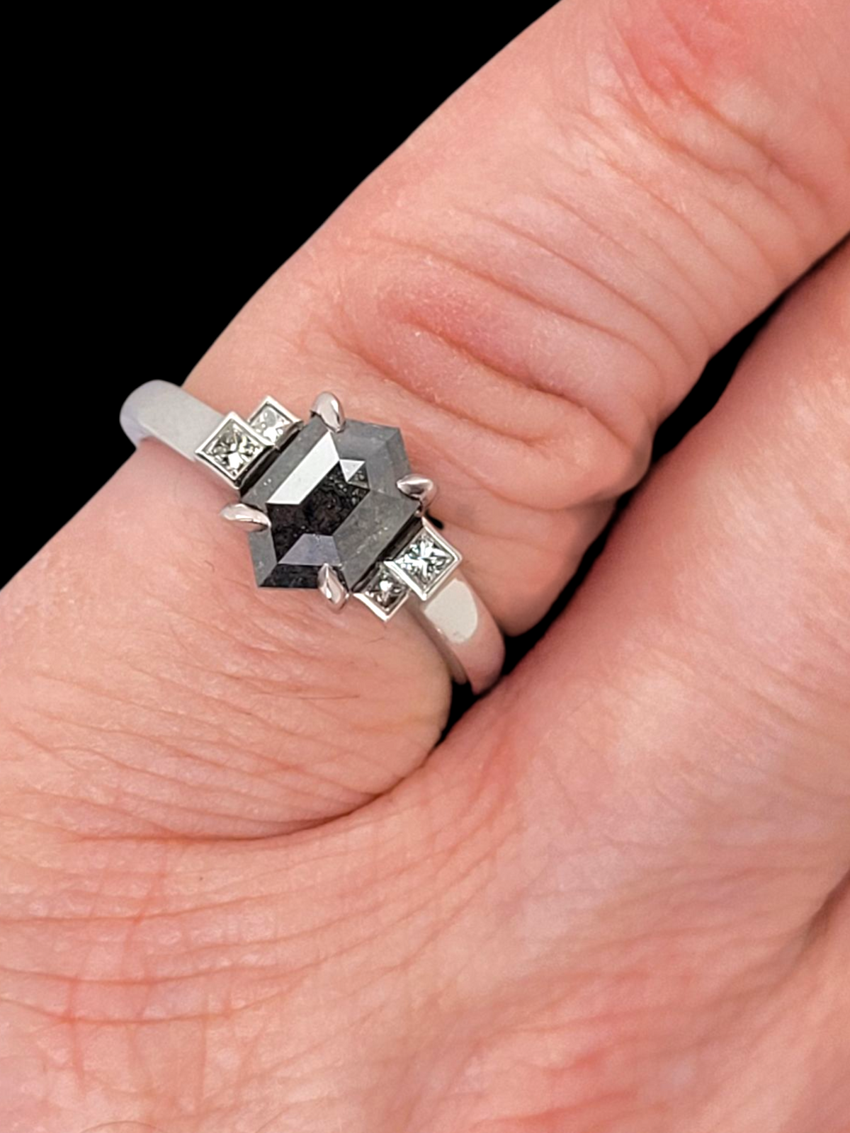 Modern unusual hexagonal salt and pepper diamond ring
SKU: 8132