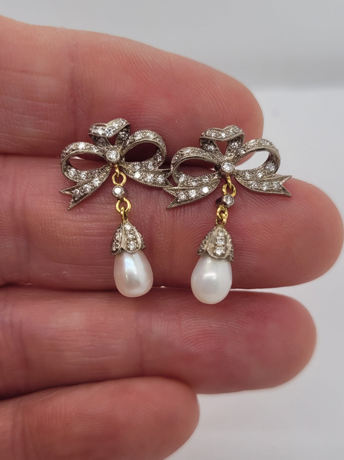 Diamond bow and pearl drop earrings sku 9205