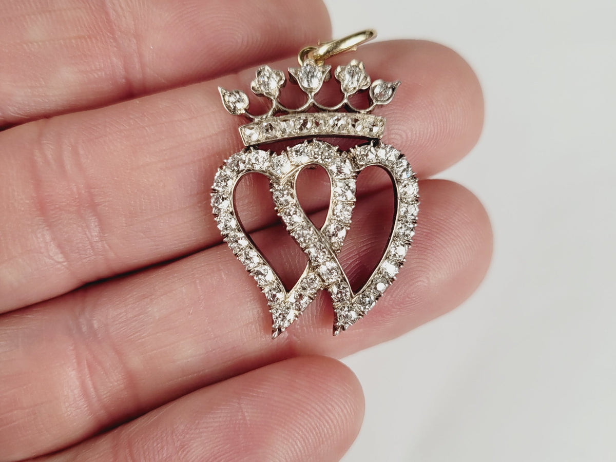Victorian twin heart and crown old mine cut diamond pendant sku 8841