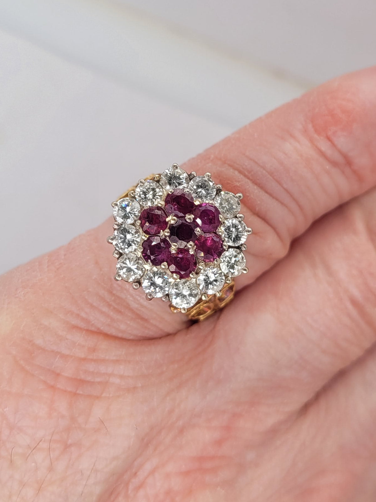 1960's Vintage Brutalist ruby and diamond cluster cocktail ring sku 8896