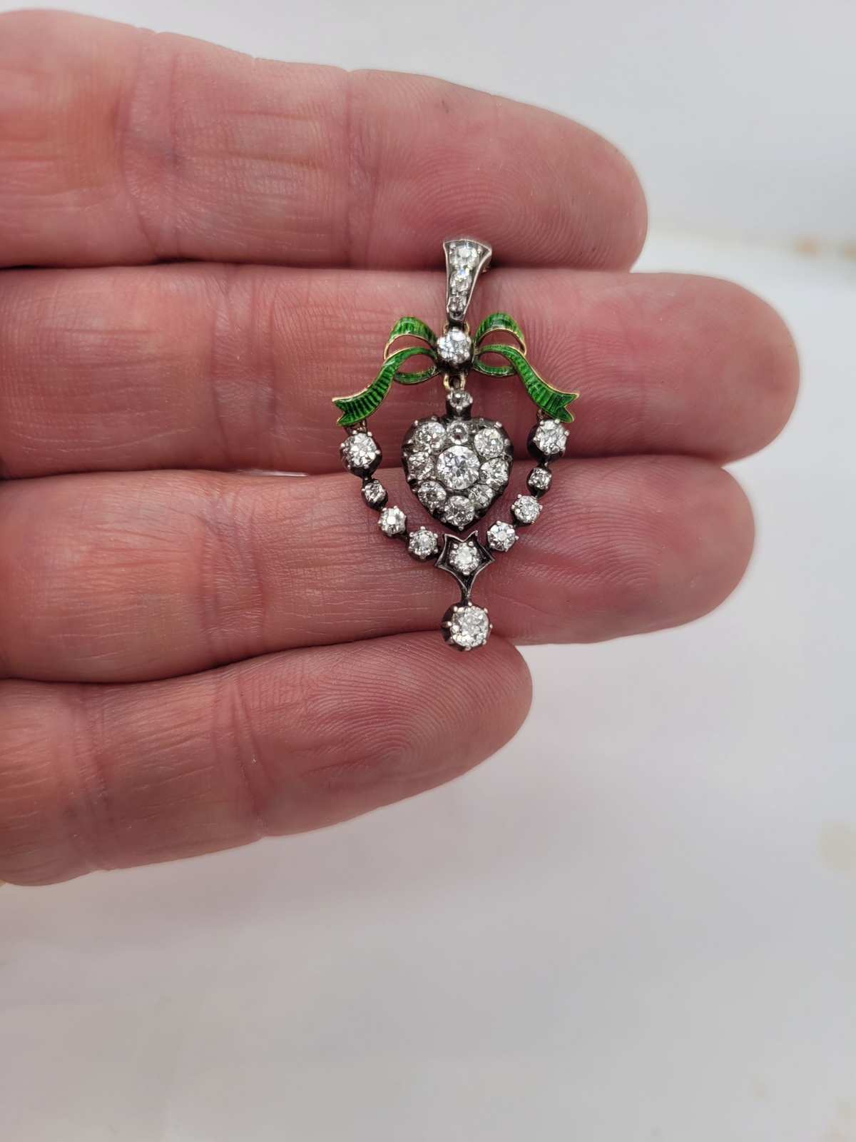 Antique diamond heart pendant with green enamel bow sku 8621
