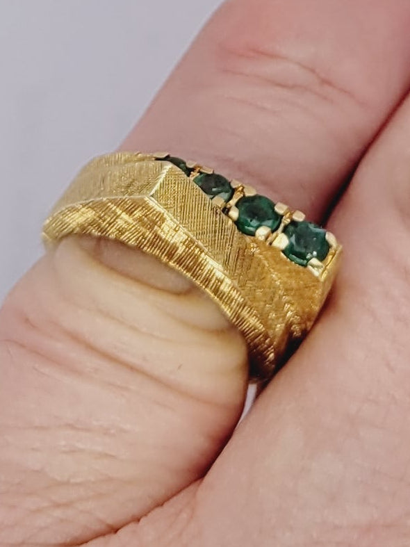 1970s, cool emerald and textured 18ct yellow gold ring sku 8511