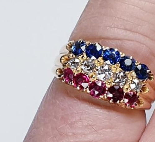 Antique three row sapphire diamond and ruby ring
SKU: 4628