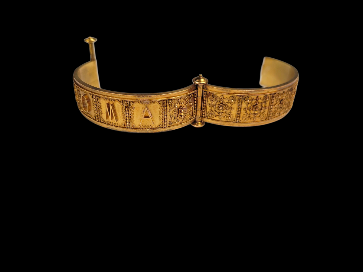Fine Archaeological revival 18ct buttery yellow gold ROMA bangle
SKU: 8337