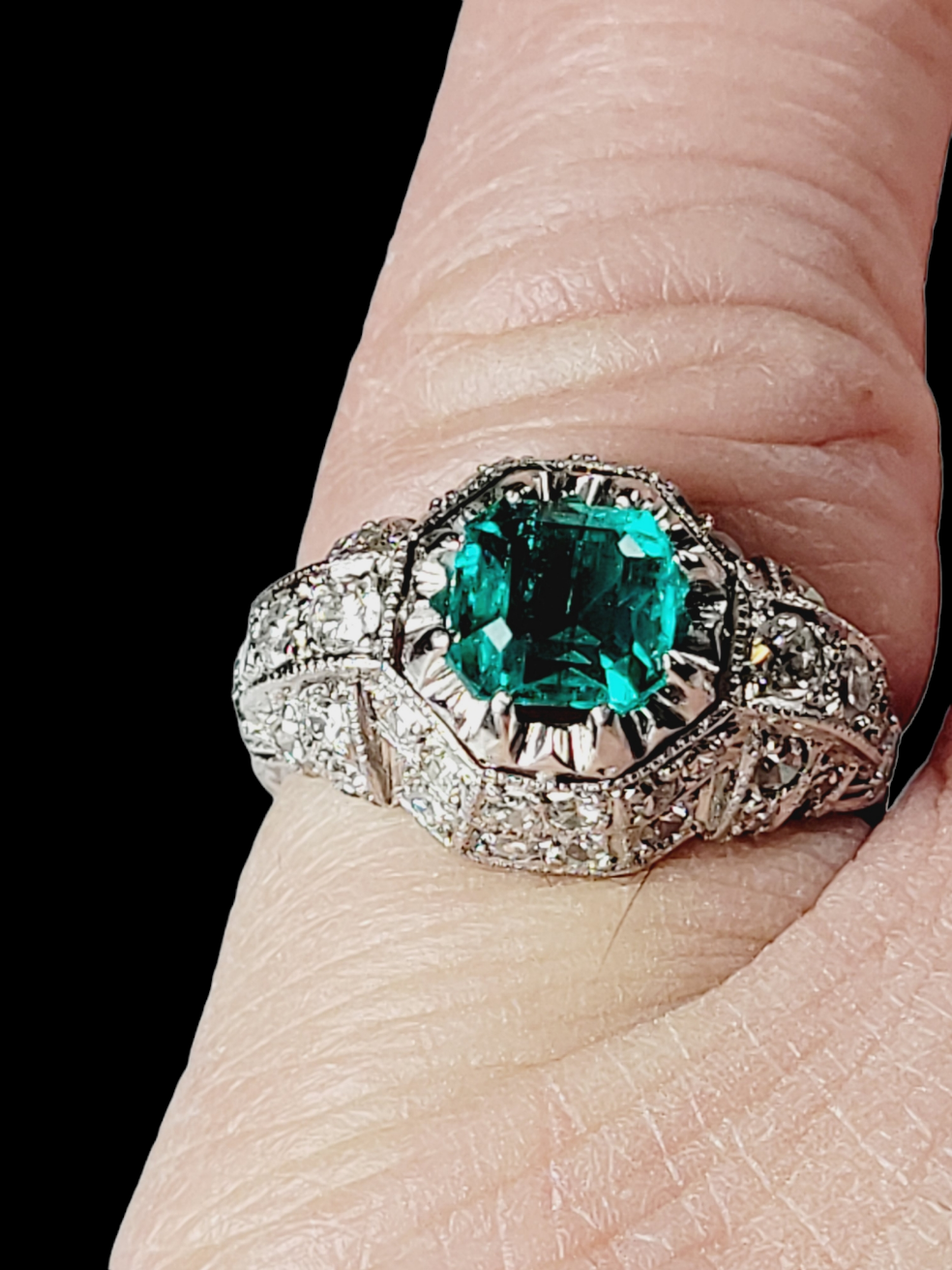 Art deco Colombian emerald and diamond ring sku 5725