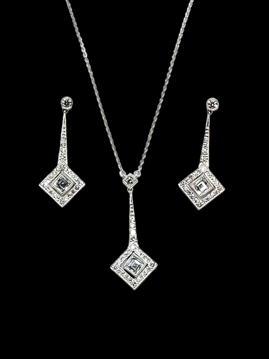 Square diamond and diamond earrings and pendant suite sku 5902