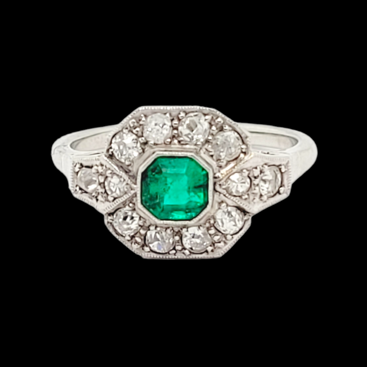 Art deco emerald and diamond engagement ring sku 6066