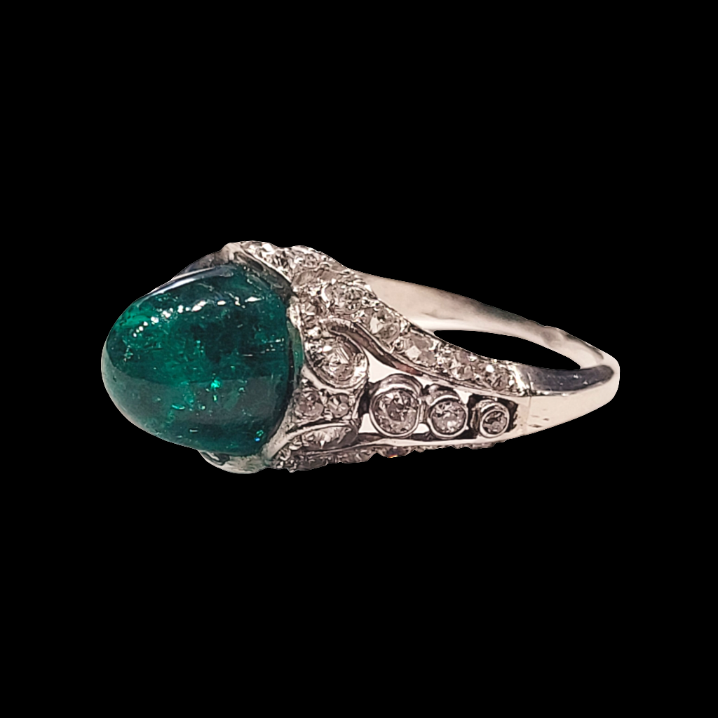 Belle epoque cabochon Colombian emerald and diamond ring