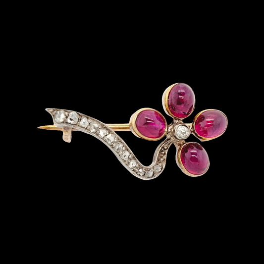 Antique cabochon ruby and diamond flower brooch