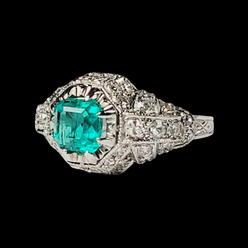 Art deco Colombian emerald and diamond ring sku 5725