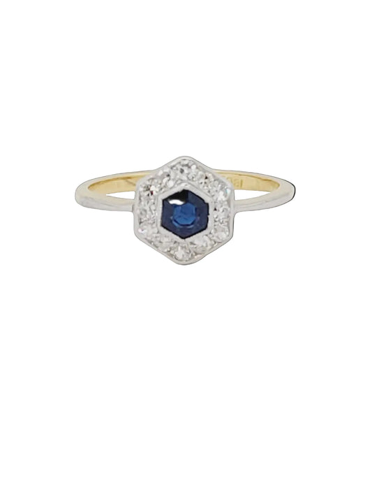 Petite 1920's hexagonal sapphire and diamond cluster ring sku 8822