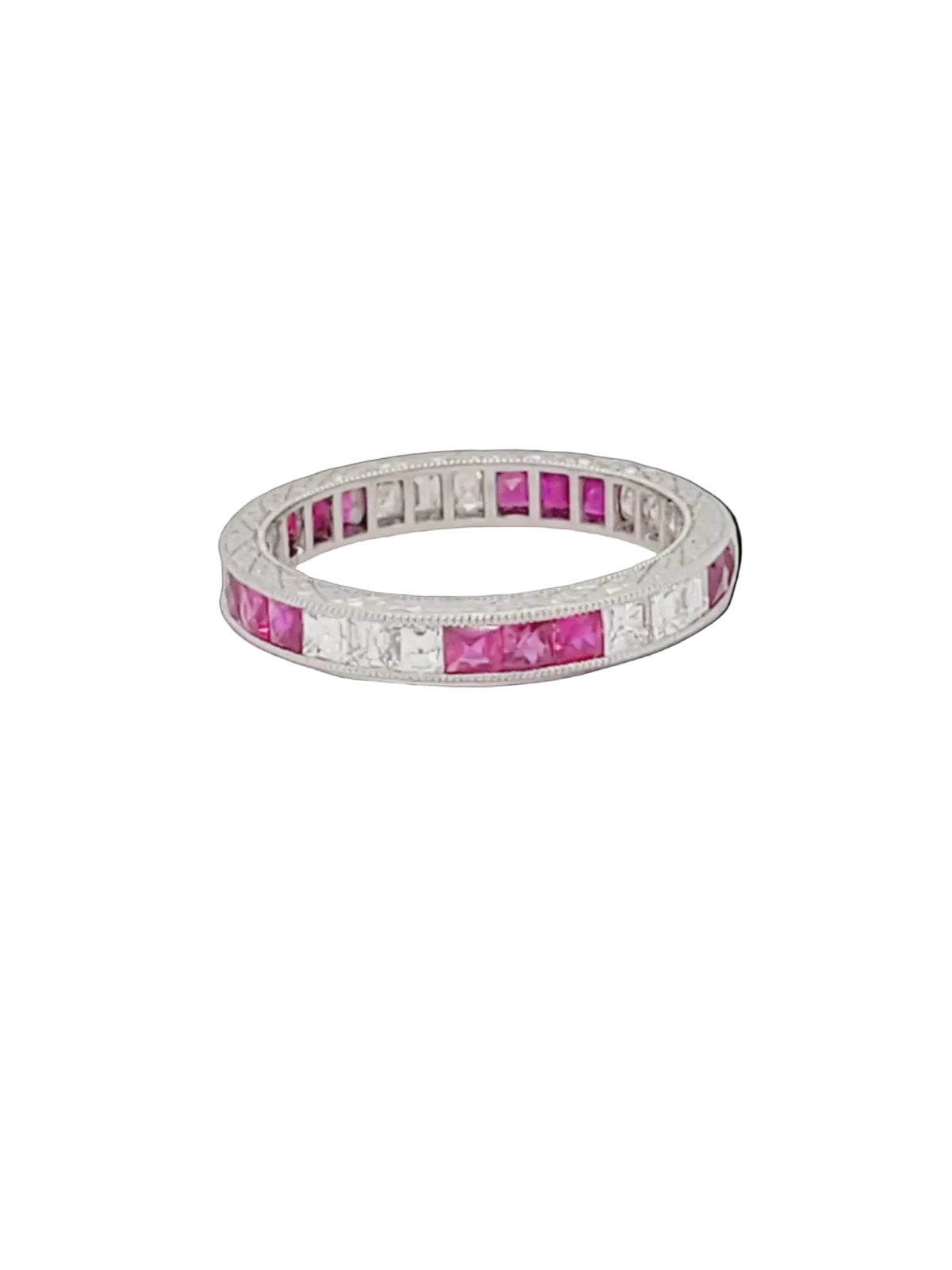 Ruby and diamond engraved platinum eternity band sku 8791