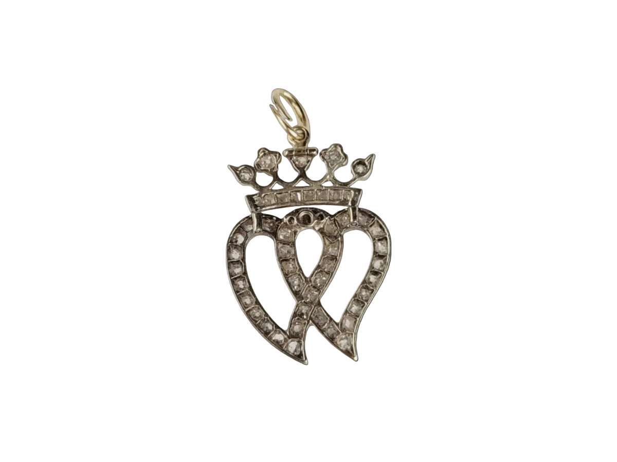 Victorian twin heart and crown old mine cut diamond pendant sku 8841