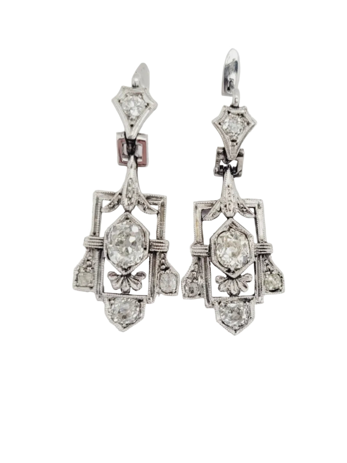 Art deco old mine cut diamond drop earrings sku 9000