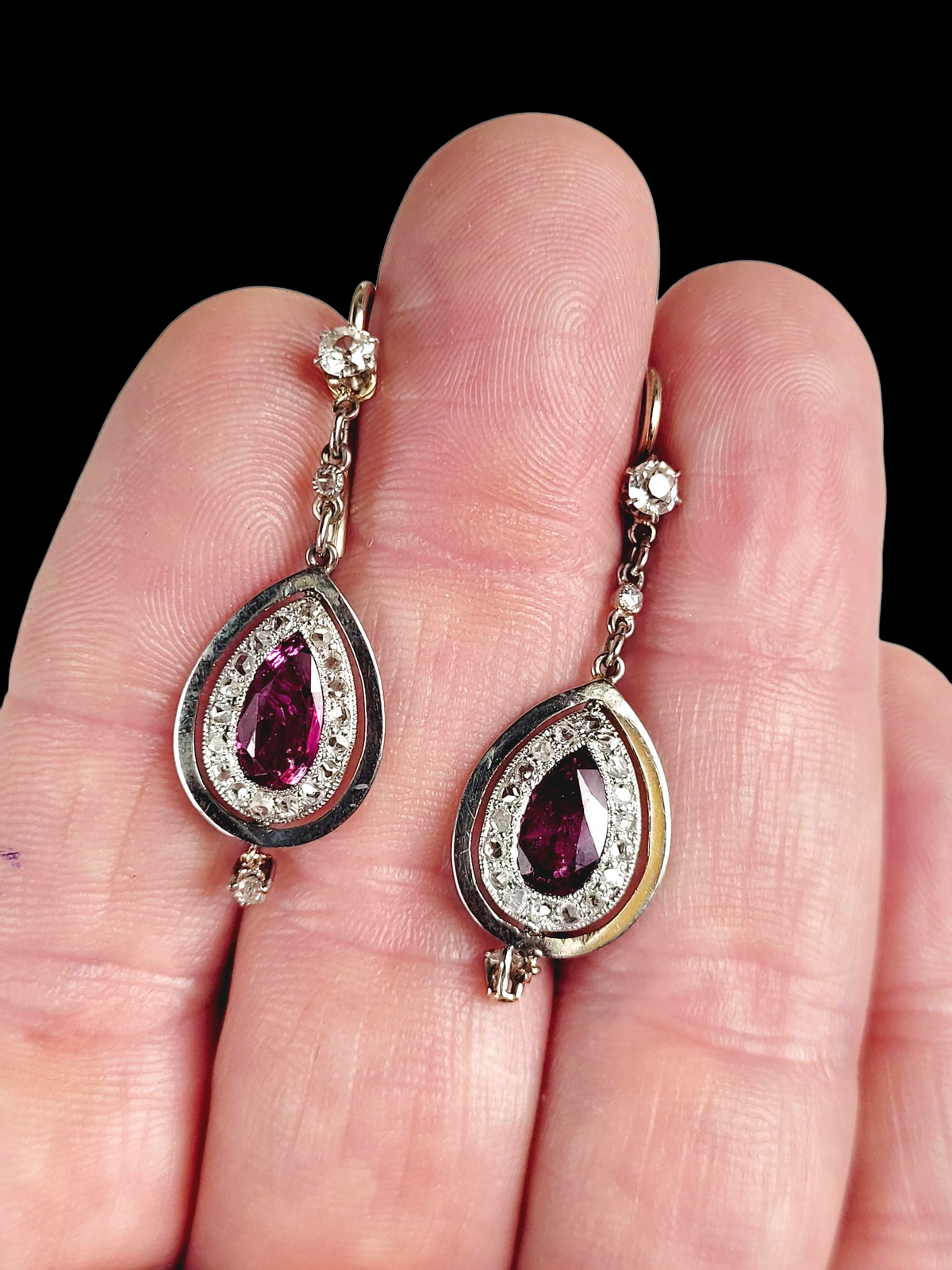 Antique ruby and diamond pear drop earrings sku 8503