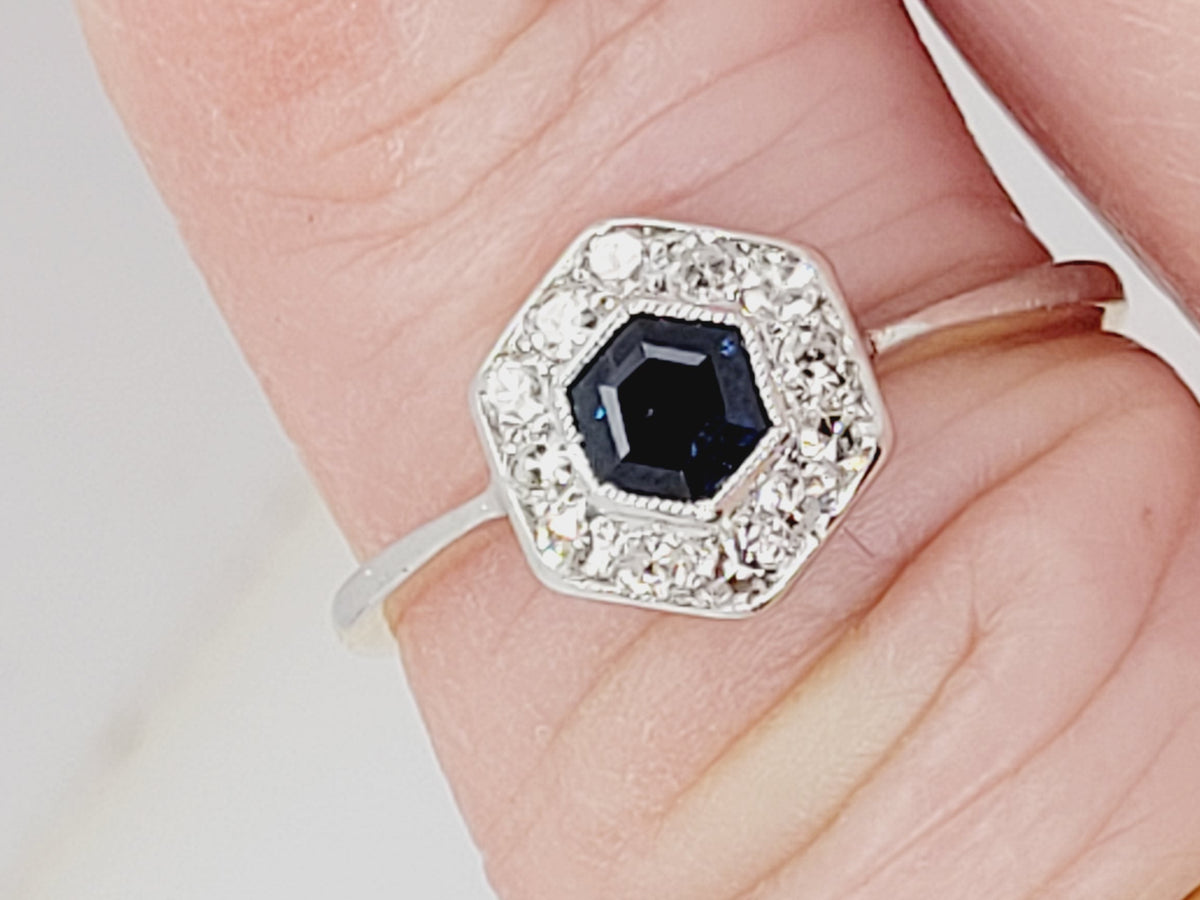 Petite 1920's hexagonal sapphire and diamond cluster ring sku 8822