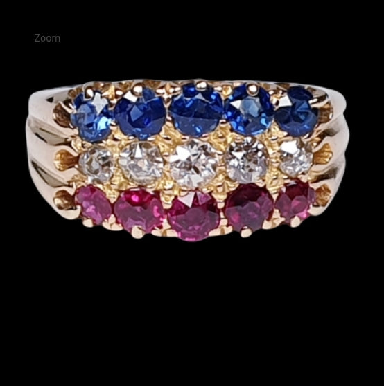 Antique three row sapphire diamond and ruby ring
SKU: 4628
