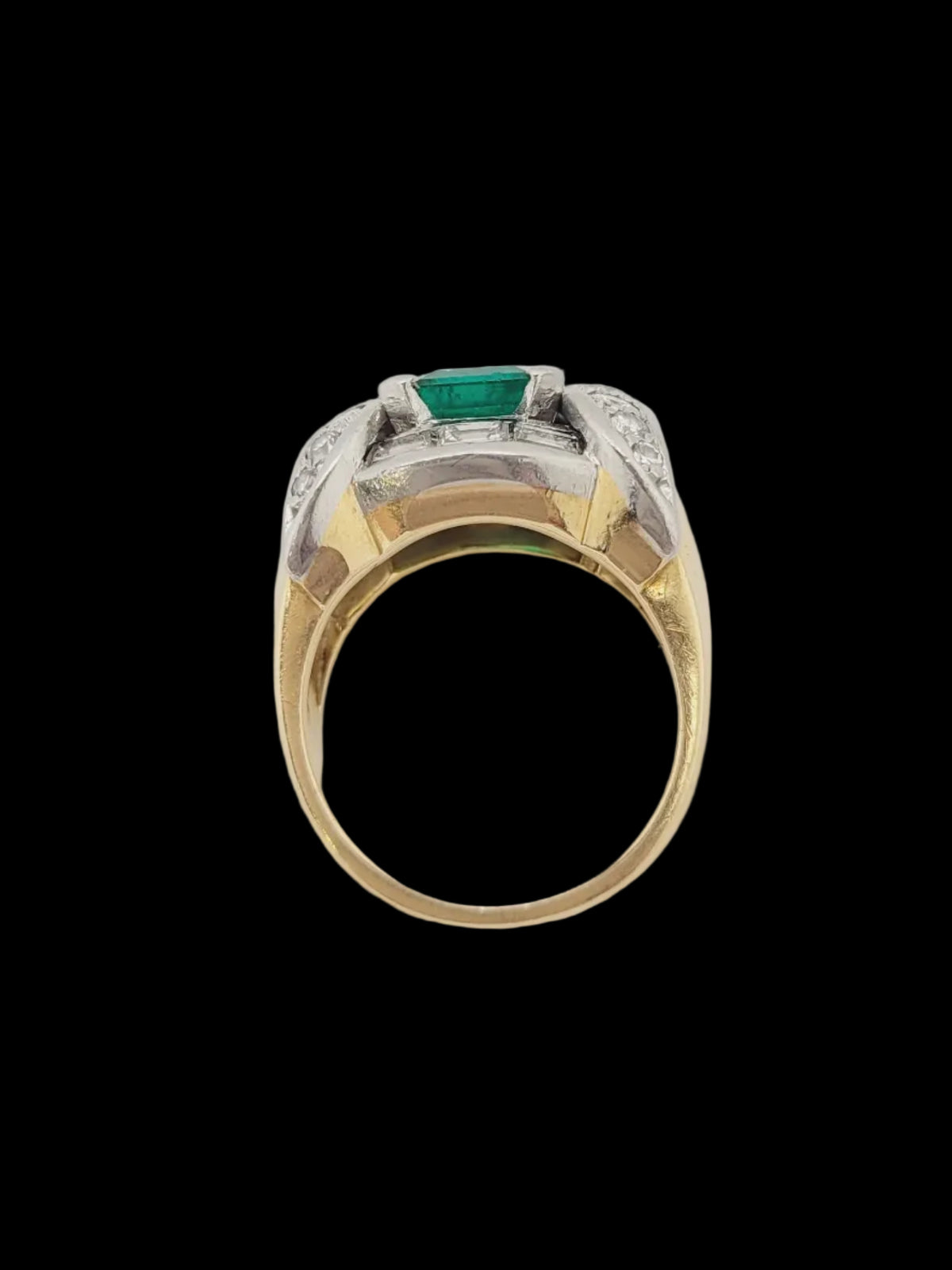 Art deco Columbian emerald and diamond tank ring sku 8742