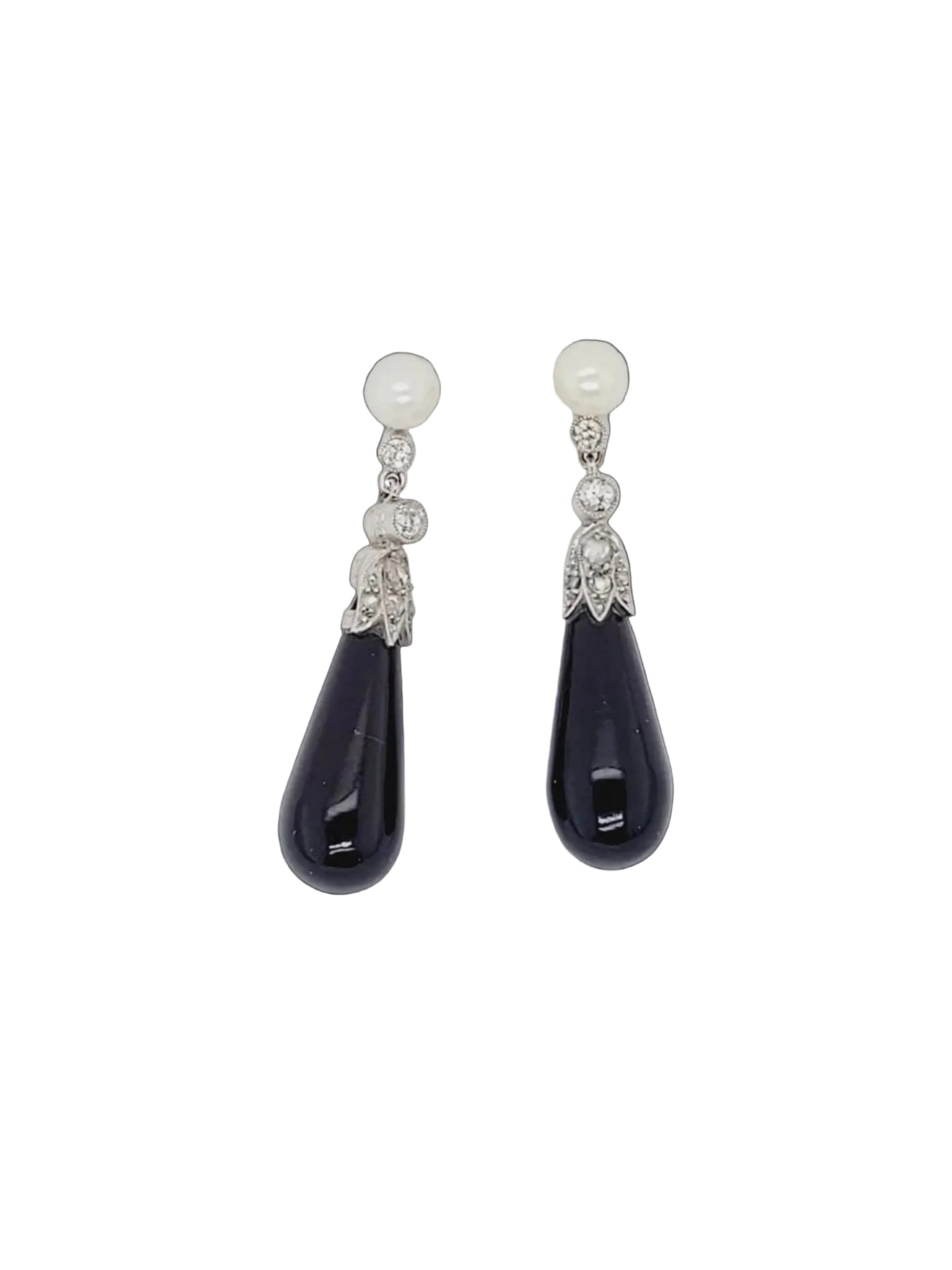 Art deco onyx, diamond and pearl drop earrings sku 8818