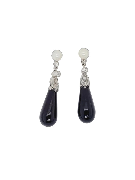 Art deco onyx, diamond and pearl drop earrings sku 8818