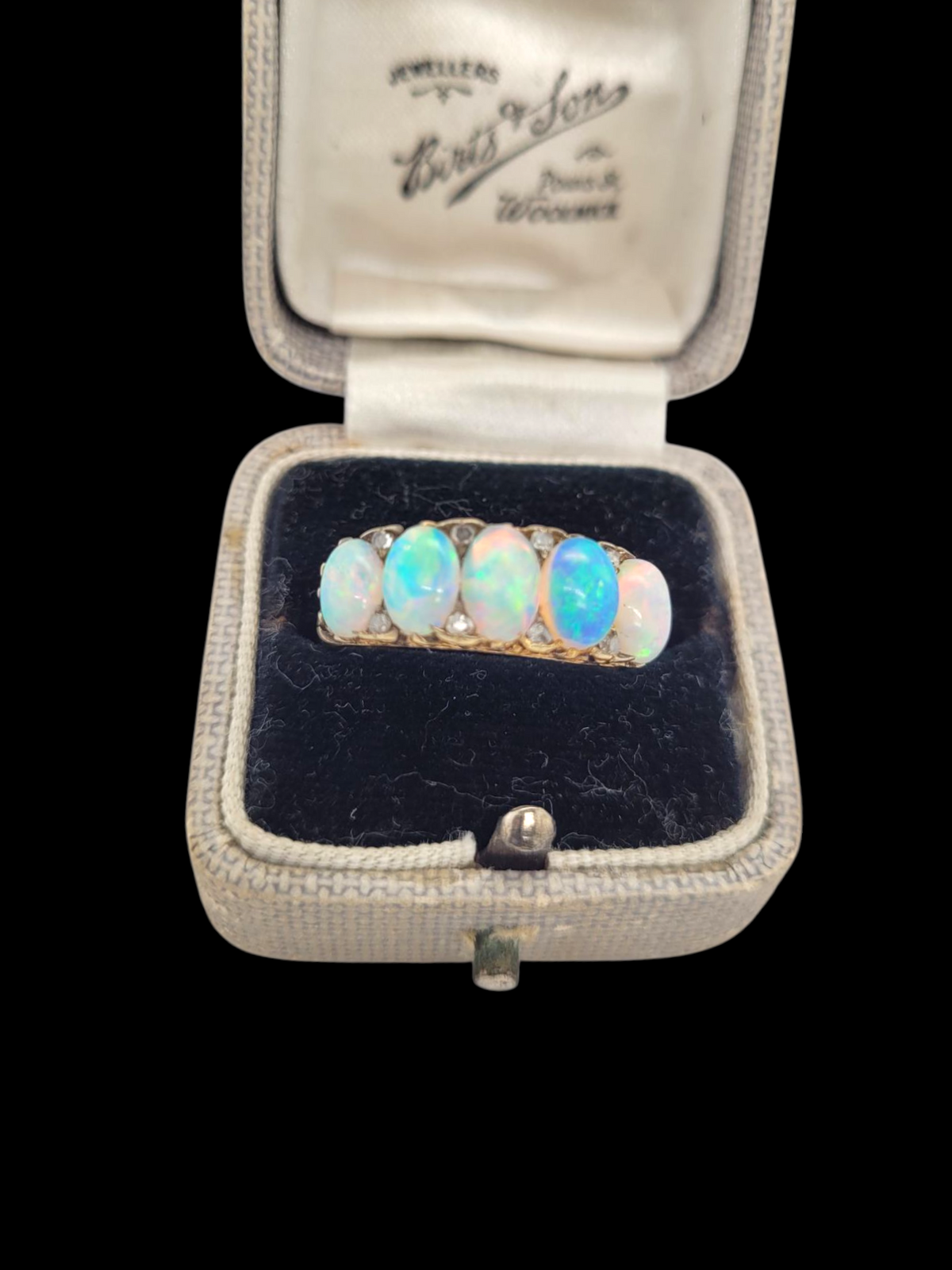 Antique five stone opal and diamond carved half hoop ring
SKU: 8141