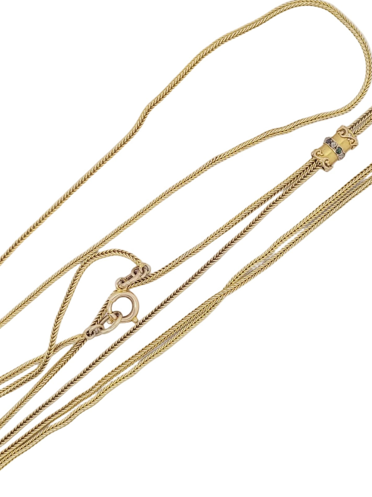Antique long woven 15ct yellow gold chain with diamond and emerald slider
SKU: 8476