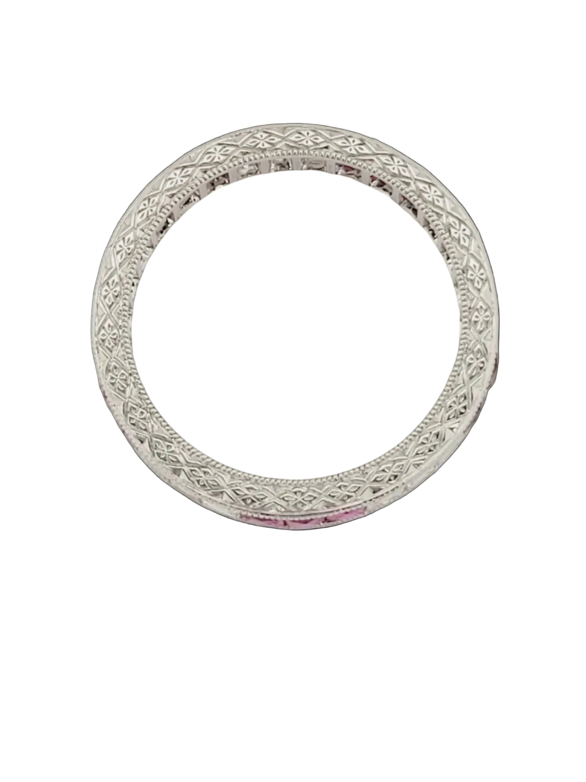 Ruby and diamond engraved platinum eternity band sku 8791