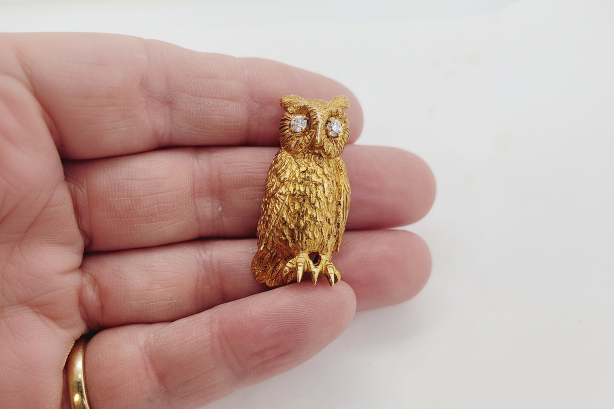 Vintage 18ct yellow gold owl brooch sku 8706