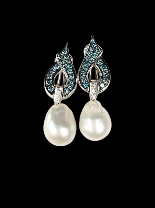 Pearl and blue diamond vintage dress earrings sku 8499