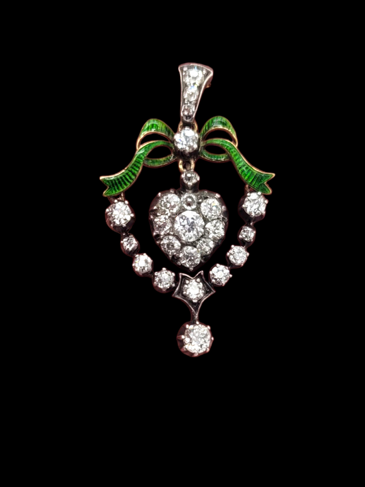 Antique diamond heart pendant with green enamel bow sku 8621