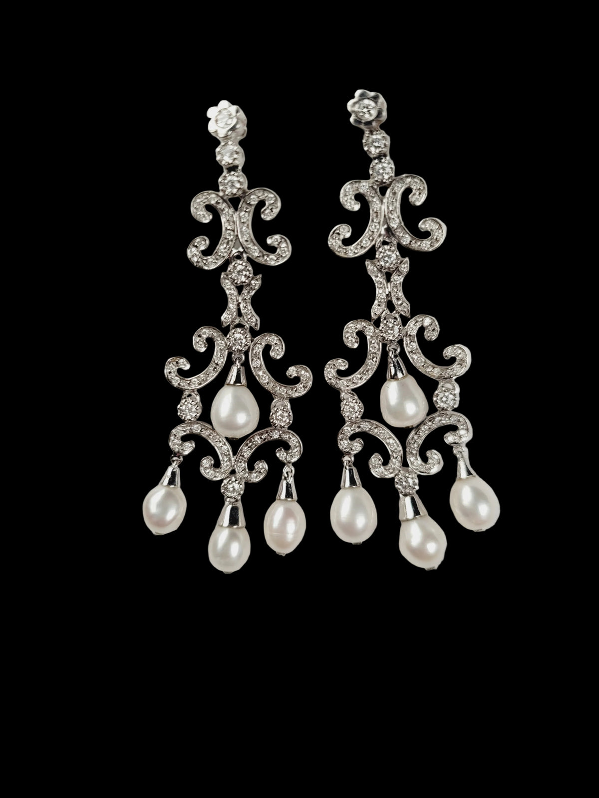 Fancy pearl and diamond drop earrings sku 8726
