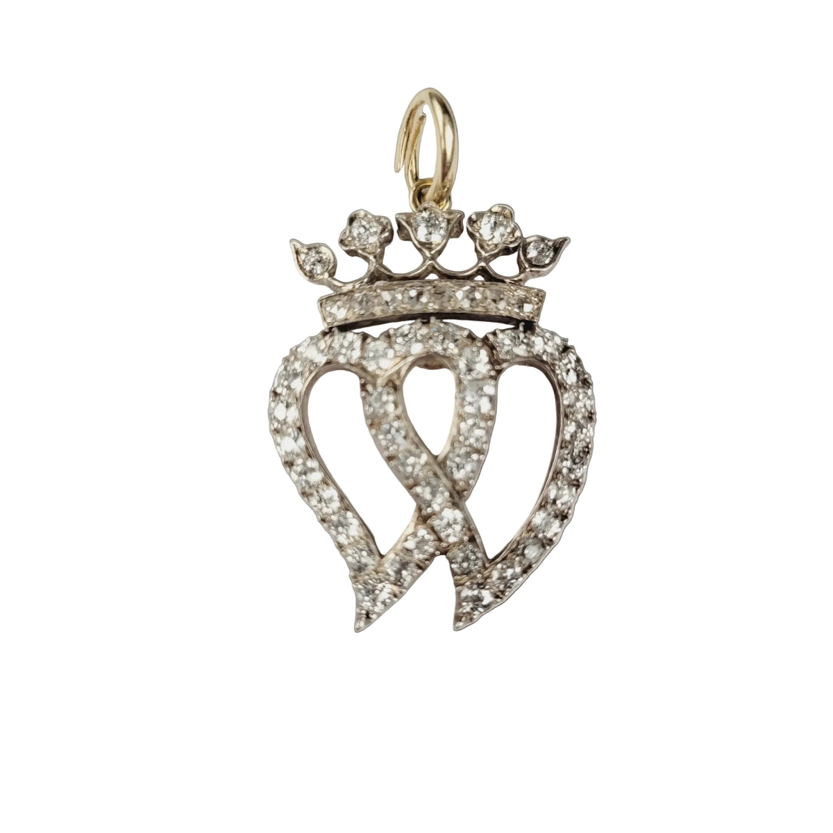 Victorian twin heart and crown old mine cut diamond pendant sku 8841