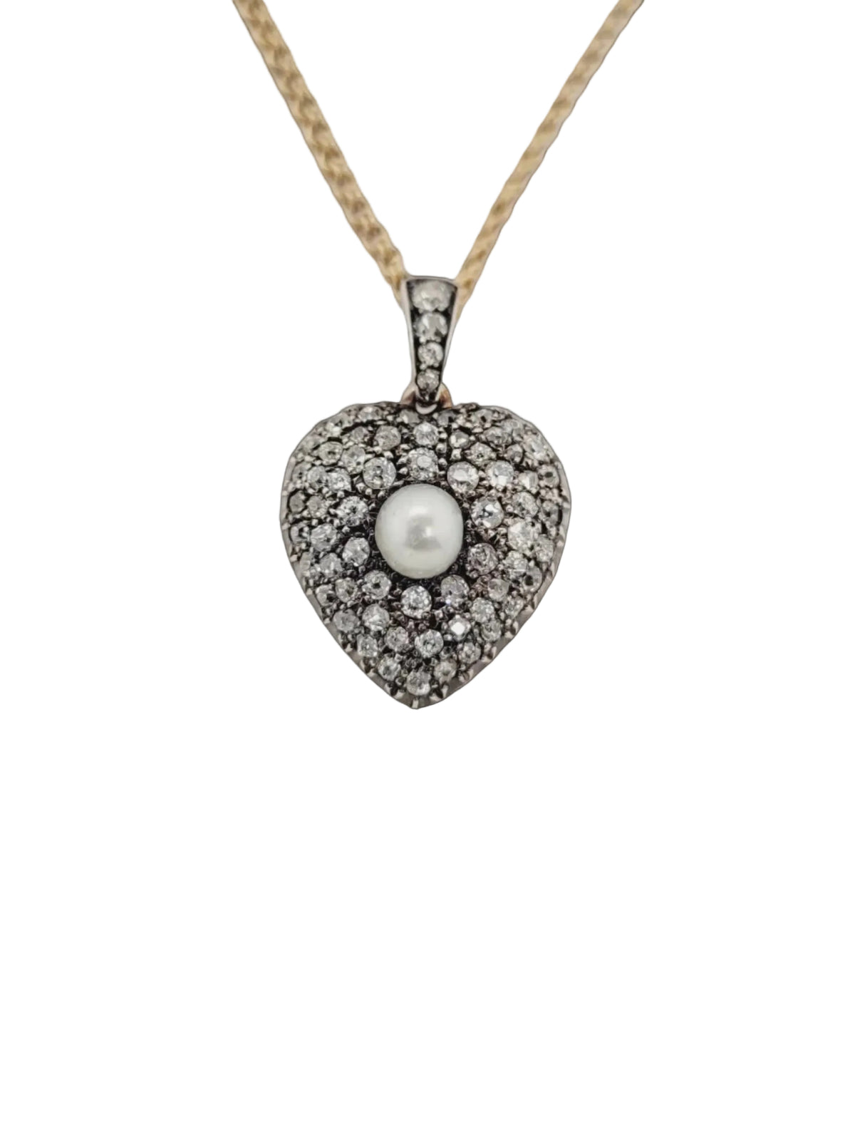 Antique pearl and diamond heart locket pendant with chain sku 8821