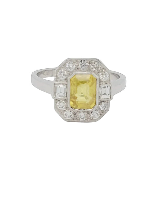 Intense yellow sapphire and diamond cluster ring sku 8762
