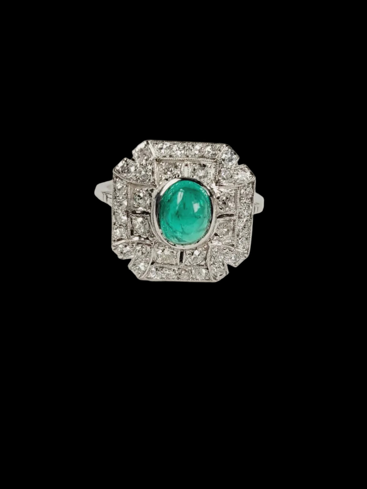 Art deco cabochon emerald and diamond cluster ring SKU 8723