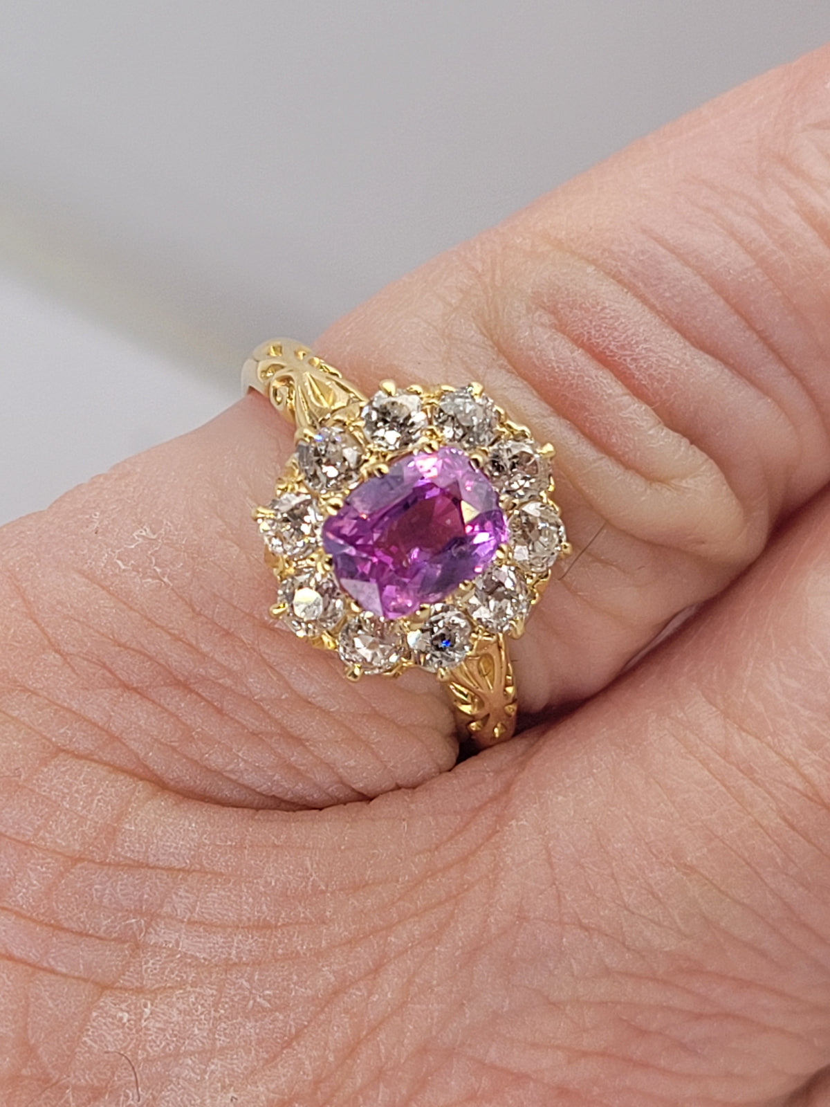Hot bubble gum pink sapphire and old mine cut diamond cluster engagement ring Sku 9108